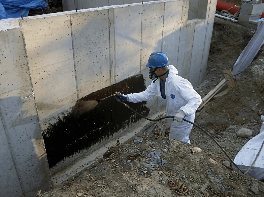 Professional waterproofing the exterior walls of the basement in Fresno, CA