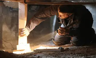 A professional inspecting wooden beams under the floor of a structure in Fresno, CA